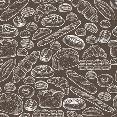 Hand drawn Bakery products and Sweet Pastries. Bread Seamless pattern. Vector illustration