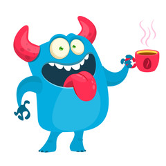 Funny cartoon monster having cup of coffee. Vector Halloween illustration.