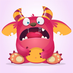 Scared cartoon pink monster. Vector character illustration
