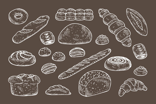 Hand drawn Bakery products and Sweet Pastries Vector Set. Bread, rolls, baguette, donut, pie, croissant
