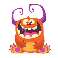 Happy cartoon monster. Laughing monster face emotion. Halloween vector illustration.