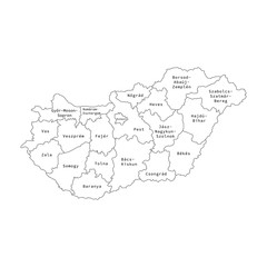 Vector illustration of administrative division map of Hungary. Vector map.