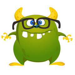 Funny cartoon green monster with eyeglasses. Vector Halloween illustration.