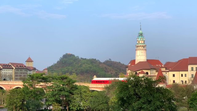 Dongguan, China - March 16, 2020 - Shuttle train running in new Huawei Base in Songshan Lake District of Dongguan city (Xiliubeipocun, River Stream Back Slope Village) Guangdong Province, China.