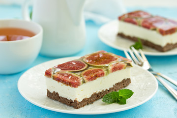 low calorie cheesecake with figs. selective focus.