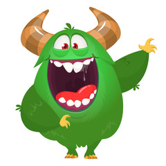 Happy excited cartoon monster waving. Vector Halloween illustration.