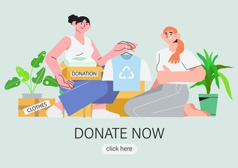 Vector illustration of two girls or women volunteers sitting with donation boxes and packing clothes. Clothes donation, reuse, second hand, zero-waste fashion concept for banner, flyer, landing page.