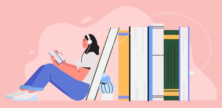 Girl sitting near pile of books with headphones and listen them online. Concept of online reading or library, e book, online education. World book reading day cute illustration for banner, flyer, ad.