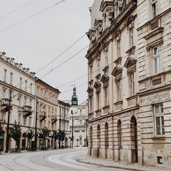 Budapest, Hungary 2019. Wide street and buildings in historical place of Budapest, Hungary. Architecture city travel concept. Neutral colors.