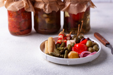 Assortment of marinated or pickled vegetable.