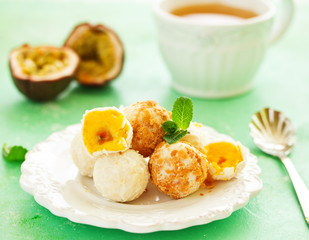 Homemade sweets Truffle with mango and passion fruit.