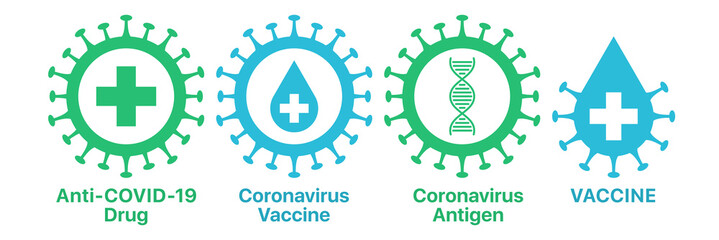 Coronavirus drug and vaccine, icon set. Antidote for global epidemic of COVID-19 infection, medical sign set