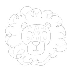 Cute icons of lion head outline. Savanna animal in doodle style isolated on white background. Vector outline stock illustration. Textile kids print on t-shirt.One line tattoo, sticker, coloring page.