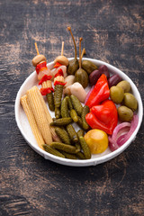 Assortment of marinated or pickled vegetable.