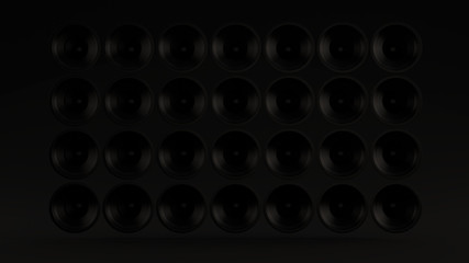 Naklejka na ściany i meble Black Speakers Suspended in a Grid Pattern Black Background 3d illustration 3d render 
