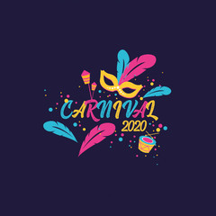 Carnival is the most popular festive event in Brazil. Carnival and festive objects, masks, musical instruments, fireworks, dances. Vector illustration