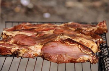 A large steak of grilled meat with smoke. Cooking in the open air. Blurred background