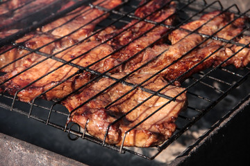 A large steak of grilled meat with smoke. Cooking in the open air.