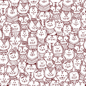 Vector Seamless pattern with Hand Drawn doodle funny Cats