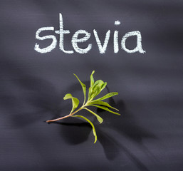 Stevia rebaudiana - Stevia leaves. Phrase stevia written in chalk