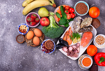 Fototapeta na wymiar Pescetarian diet with seafood, fruit and vegetables