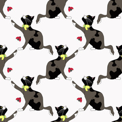 Seamless abstract pattern. A black, white and gray cat with a yellow bow catches a ladybug.