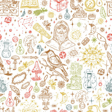 Alchemy Seamless pattern. Endless background with Hand Drawn Doodle Magic alchemical Symbols