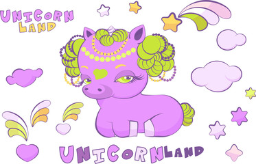 Unicorn Land items in cartoon style, dark colors