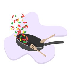 Stir fry. Cooking process vector illustration. Flipping food in a pan. Cartoon style. Skillet