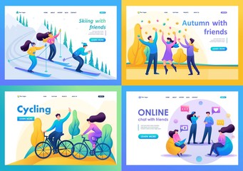 Set 2D Flat concepts, Young people have fun and rejoice, friendship. For Landing page concepts and web design