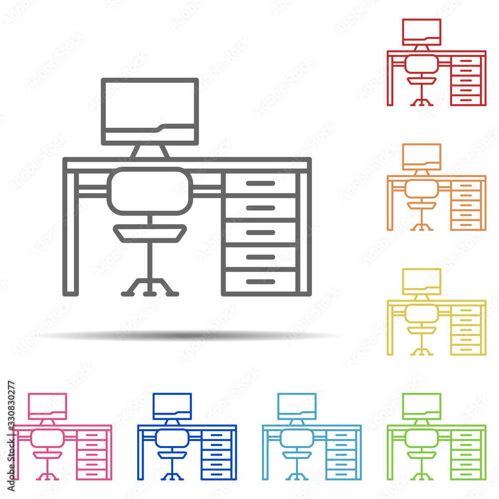 Poster work table multi color icon. element of workplace icon on white background