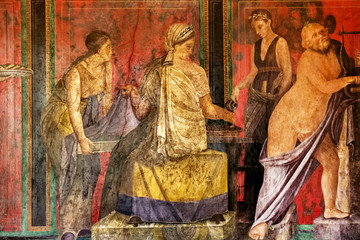 Ancient Roman fresco in Pompeii showing a detail of the mystery cult of Dionysus