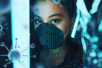 Asian woman wearing mask in neon light. Corona virus concept