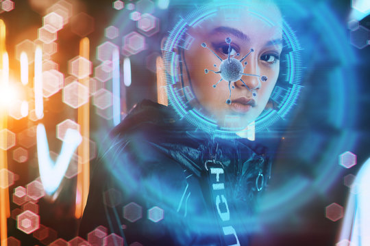 Asian woman looking at digital display. Corona virus concept