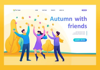 Young people have fun in the autumn Park, rejoice, have fun, friendship. Flat 2D character. Landing page concepts and web design