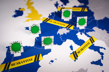 Map of european countries with coronavirus and quarantine signs.Concept of Coronavirus, COVID-19 and quarantine