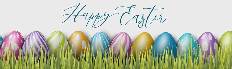 Happy Easter holiday banner or newsletter header. Colorful eggs in grass. Vector illustration with lettering.