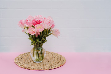 Valentine card. Template greeting card for Valentine's Day. Spring card for Mother's Day or Women's Day. Greeting card with flowers, copy space. Congratulations on wedding or anniversary.