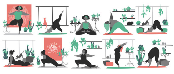 Hand drawn minimal vector illustration of cartoon black woman character doing yoga meditation pose at home with backgroud of potted plants.