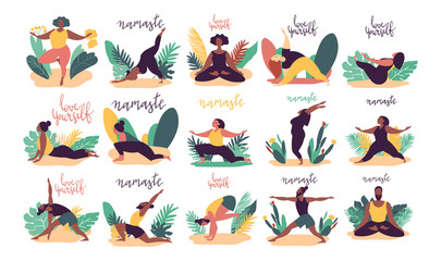 Hand drawn minimal vector illustration of cartoon men and women character doing yoga asana pose outside in nature with backgroud of tropical leafs and plants.