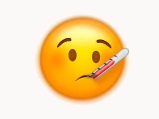emoticon with fever and thermometer on white background