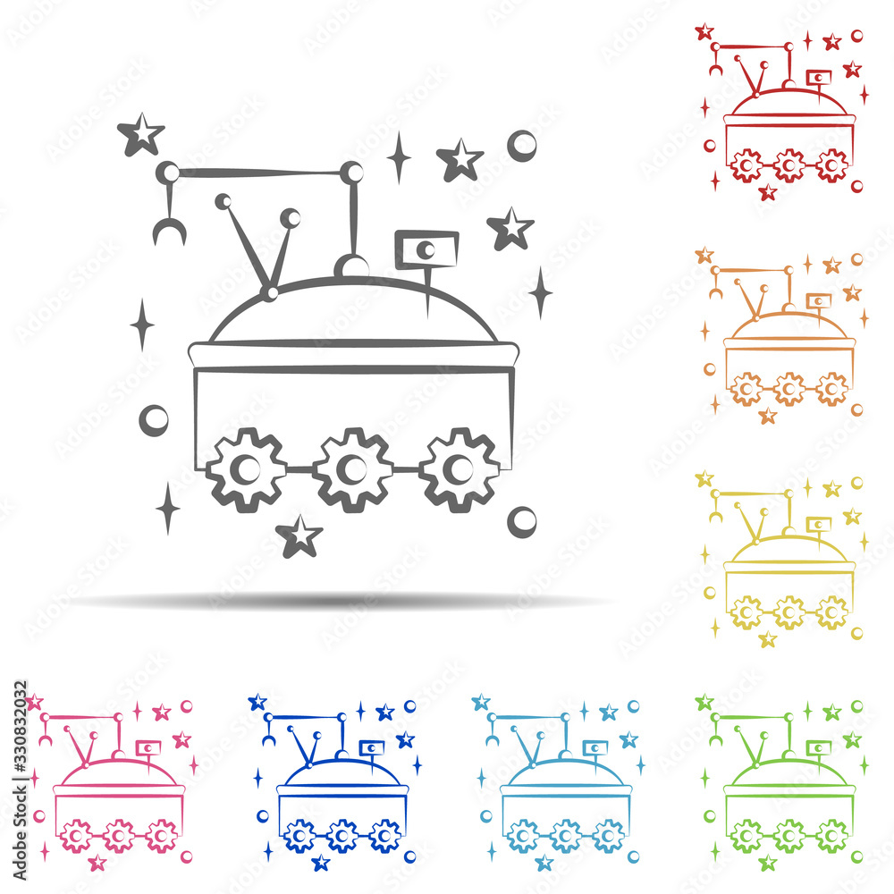 Poster mars robot multi color icon. element of space hand drawn icon on white background