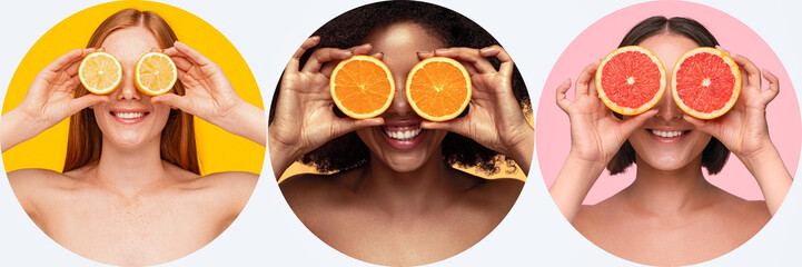 Diverse ladies with various citruses near eyes