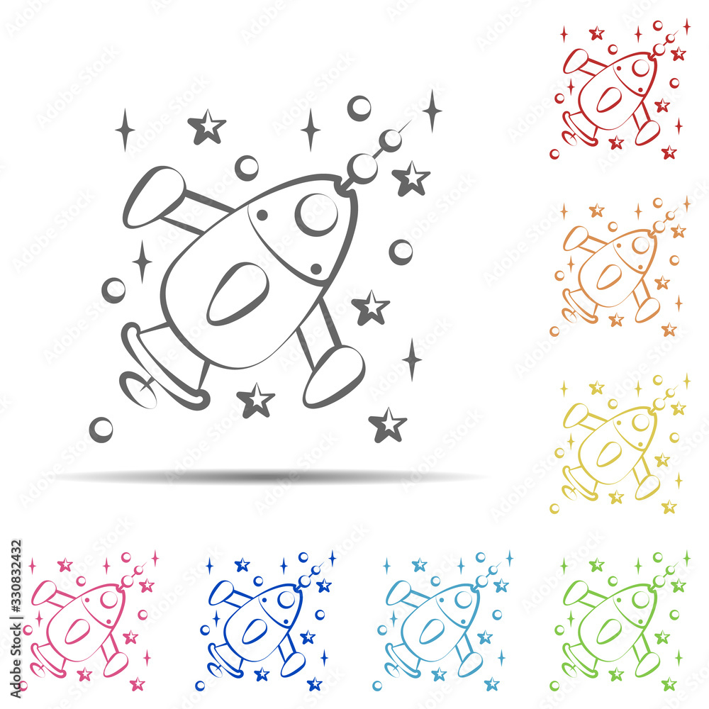 Poster spaceship multi color icon. element of space hand drawn icon on white background