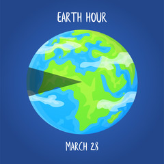 Earth hour day concept. Planet with highlighted segment. Stock vector illustration on blue background in flat style.