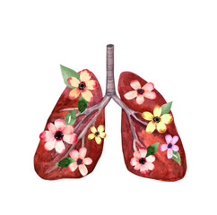 Human lungs, respiratory system. Healthy lungs with flowers. Hand Drawing watercolor, medicine. bronchial tree, watercolor spring print, green leaves - 330832479