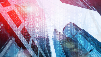 Corporate Business Concept. Binary Code on Moderns City Bulidings.