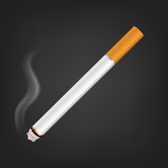 Vector 3d Realistic White Clear Blank Whole Lit Cigarette with Smoke Icon Closeup Isolated on Black Background. Design Template. Smoke Problem Concept, Tobacco, Cigarette Mockup