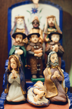 Traditional portoguese hand crafted nativity scene made of painted wood