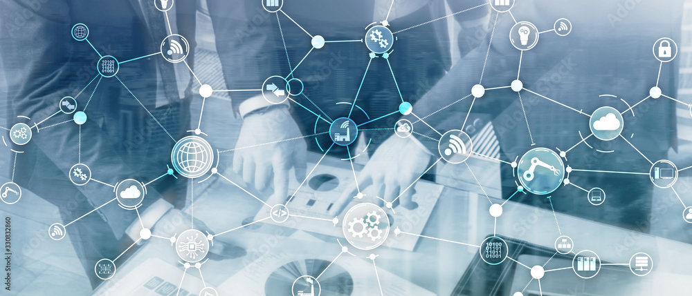 Aufkleber technology industrial business process workflow organisation structure on virtual screen. iot smart 
